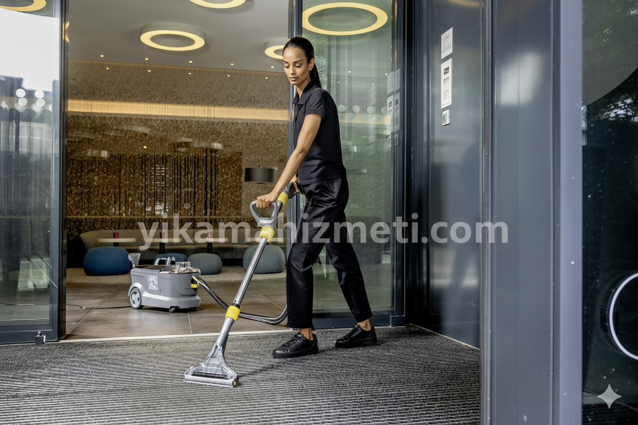 Profesyonel makine ile yerinde temizlenen canlı renklere sahip bir halı